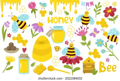 Bees and honey, a set of cute beekeeping clipart. Beehive, flowers, inscriptions, propolis, honeycomb, spoon, bird, butterfly. Vector cartoon illustration isolated on a white background.
