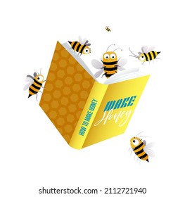 Bees Or Honeybees Reading A Book About How To Make Honey. Cute Characters For Study And Education At School. Animals Reading A Book Cartoon For Kids. Vector Illustration In Watercolor Style.