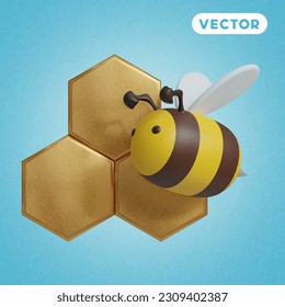 conjunto de iconos vectoriales 3D de abejas y abejas, sobre un fondo azul