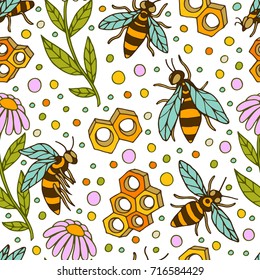 Bees and honeycomb beautiful seamless pattern. Useful insects background design.