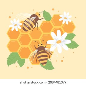 bees and honeycomb with flowers