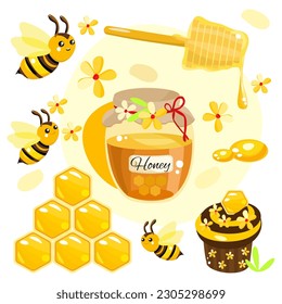 Bees, honeycomb and jar of honey, drops of honey, honey cake, yellow flowers. Honey clipart in cartoon style. Vector illustration.