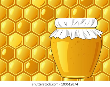 Bee's honeycomb and jar of honey, vector illustration