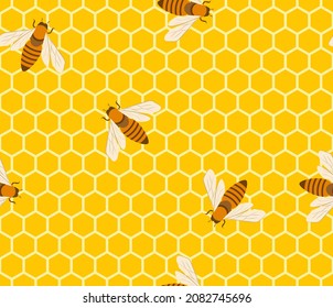 Bees and honeycomb seamless pattern. Honey yellow background. Vector cartoon flat illustration.