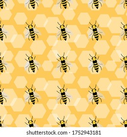 Bees honeycomb seamless pattern on orange background