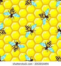 bees and honeycomb seamless pattern, vector illustration