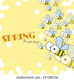 Bees and honeycomb. Spring background. Vector illustration. Eps 10.