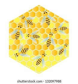 Bees and honeycomb wax cell vector background illustration