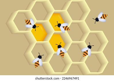 Bees with honeycombs 3d. Insects and sticky wax cell with honey. Frame with sweet liquid, white hexagons, yellow honey texture. Apiary, environment, nature. Bee swarm in the hive. Vector illustration.