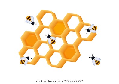 Bees with honeycombs 3d. Insects and sticky wax cell with honey. Frame with sweet liquid, yellow hexagons, orange texture. Apiary, bee-garden or environment. Bee swarm in the hive. Vector illustration