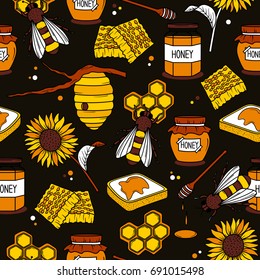 Bees, honeycombs and beekeeping icons, hand drawn seamless pattern. Colorful overlapping backdrop vector with insects, honey, sunflowers. Decorative illustration, good for printing. Wallpaper design