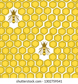 Bees and honeycombs, hand drawn seamless pattern. Colorful backdrop with insects. Beekeeping. Decorative illustration, good for printing. Wallpaper design
