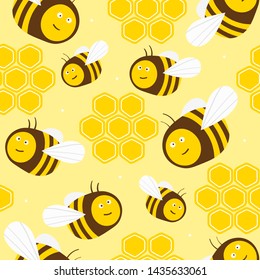 Bees and honeycombs, hand drawn seamless pattern. Colorful backdrop with insects. Beekeeping. Decorative illustration, good for printing. Wallpaper design