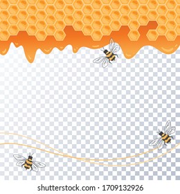 Bienen und Honigwaben auf Honighintergrund, Oberfläche. Gesunde Ernährung, Ernährung, Gesundheitsnahrung. Antivirale Arzneimittel, erhöhen die Immunität. Design für Küche, Apotheke, Honigproduktion. Stockillustration der Vektorillustration.