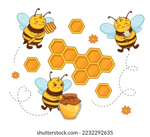 Abejas y panecillos. Naturaleza e insectos, vida silvestre. Símbolo de estaciones de primavera y verano. Agricultura y agricultura, cosecha. Personajes adorables y adorables en colmenares. Dibujo vectorial plano de dibujos animados