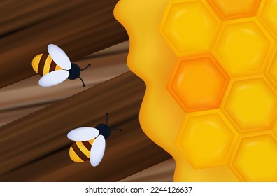 Bees with honeycombs on wooden boards. Vector 3d illustration. Insects in the apiary, a swarm of bees close-up, hexagonal yellow honeycombs. The concept of collecting nectar, agriculture, environment.