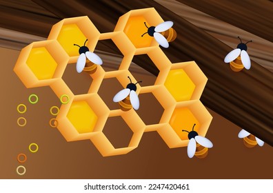 Bees with honeycombs on wooden boards. Vector 3d illustration. Insects in the apiary, a swarm of bees close-up, hexagonal yellow honeycombs. The concept of collecting nectar, agriculture, environment.