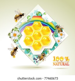 Bees and honeycombs over floral background with rainbow and drops of water