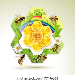Bees and honeycombs over floral background with rainbow and drops of water
