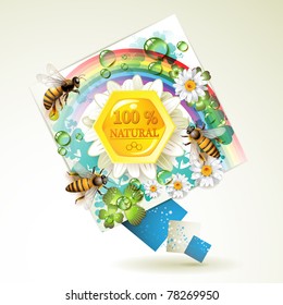 Bees and honeycombs over floral background with rainbow and drops of water