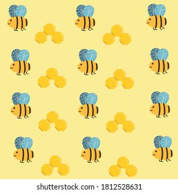 Bees with honeycombs. Pattern with nature. Workers and their work done.