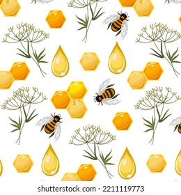 Abejas y panecillos en un patrón.Vector sin fisuras con abejas, peines de miel y gotas de miel en un fondo transparente.