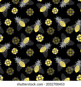 Bees and honeycombs. Seamless pattern with cute insects for modern fabrics, trendy textiles, decorative pillows, wrapping paper. Yellow and gray trend colors. Black  background. Vector.