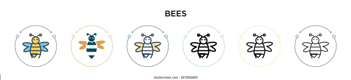 Bees icon in filled, thin line, outline and stroke style. Vector illustration of two colored and black bees vector icons designs can be used for mobile, ui, web