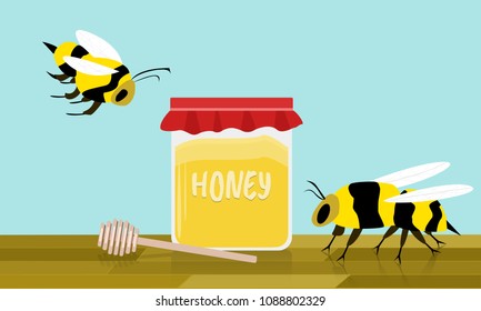 Bees with jar of honey and dipper vector illustration