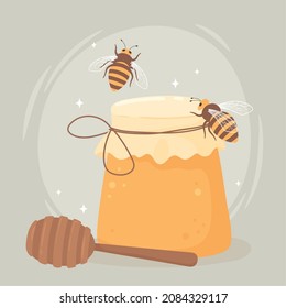 abejas y miel de tarro con cuchara