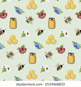 Abejas y tarros de miel. Patrón sin fisuras de Vector con abejas, tarros de miel, panales y flores sobre un fondo claro.