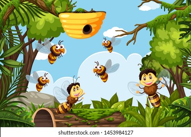 Bees in jungle scene illustration