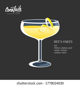 Bee's Knees cocktail on black backgound. Alcohol drink, made with gin, lemon juice and honey. Cocktail glass with lemon twist vector illustration