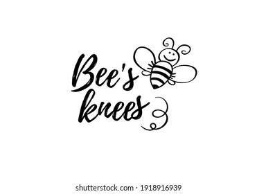 Bees knees phrase with doodle bee on white background. Lettering poster, card design or t-shirt, textile print. Inspiring motivation quote placard.