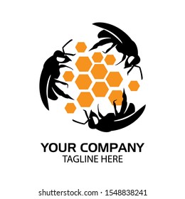 Bees logo with honeycomb, flat design. Vector Illustration on white background