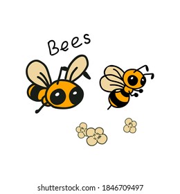 Bees making honey with flowers isolated on white.