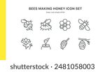 Bees Making Honey Icon Set. Illustrations of Bees, Honeycomb, Flowers, Honey Jar, Honey Dipper, and Beehive. Perfect for Beekeeping and Honey Production Themes. Editable Linear Collection.