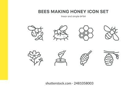 Bees Making Honey Icon Set. Illustrations of Bees, Honeycomb, Flowers, Honey Jar, Honey Dipper, and Beehive. Perfect for Beekeeping and Honey Production Themes. Editable Linear Collection.