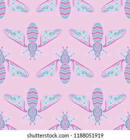 Bees, maryls, fly insects on strips hand drawing pattern