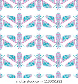 Bees, maryls, fly insects on strips hand drawing pattern