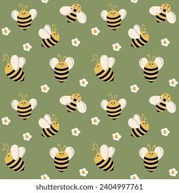 Bees move in different directions on a yellow background with daisies. Seamless pattern with bees for children. Summer pattern