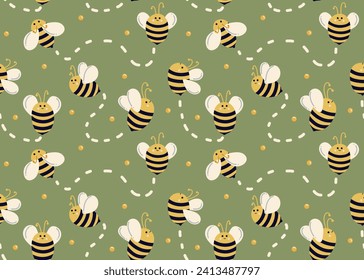 Las abejas se mueven en diferentes direcciones sobre el fondo verde con gotas de miel y líneas de movimiento. Patrón de abejas sin foco para los niños. Patrón de verano para los tejidos, ropa de cama, decoración