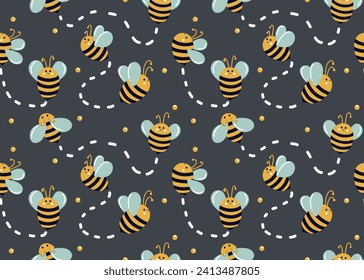 Bees move in different directions on blue background with honey droplets and lines of movement. Cute bees. Seamless bee pattern for kids. Summer pattern for fabrics, bed linen, decor