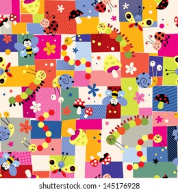 bees, mushrooms, snails, butterflies, caterpillars, ladybugs and flowers pattern