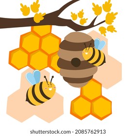 Bees near beehive. Insects guarding honey, producing sweets. Nature and wildlife, fauna and fresh air. Picture for printing on childrens clothes, stickers or badges. Cartoon flat vector illustration