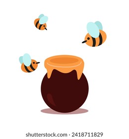 bees near a jug of honey on a white background