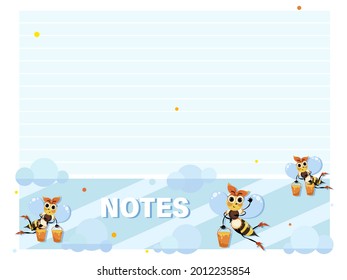 Bees. Notes. Note page for  children's notebook, organizer with cute bees collecting honey. Vector cartoon character for kids planning and a place for text. 
