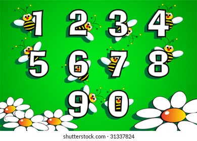 Bees and numbers series for kids, from 0 to 9