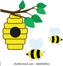 Bees on the background of the beehive. Vector cute bees.