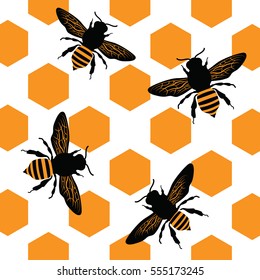 Bees on a background of hexagons. Background for you design.